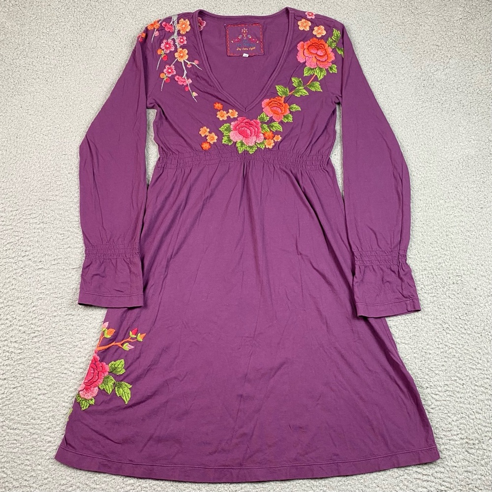Johnny Was Dress Women's Size S Purple Floral Embroidered V Neck Cotton Small